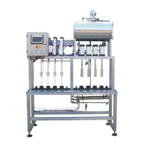 4-head semi-automatic beer bottler and capper machine for craft breweries. with adjustable filling heads and a semi-automatic capping station for small to mid-size packaging runs.