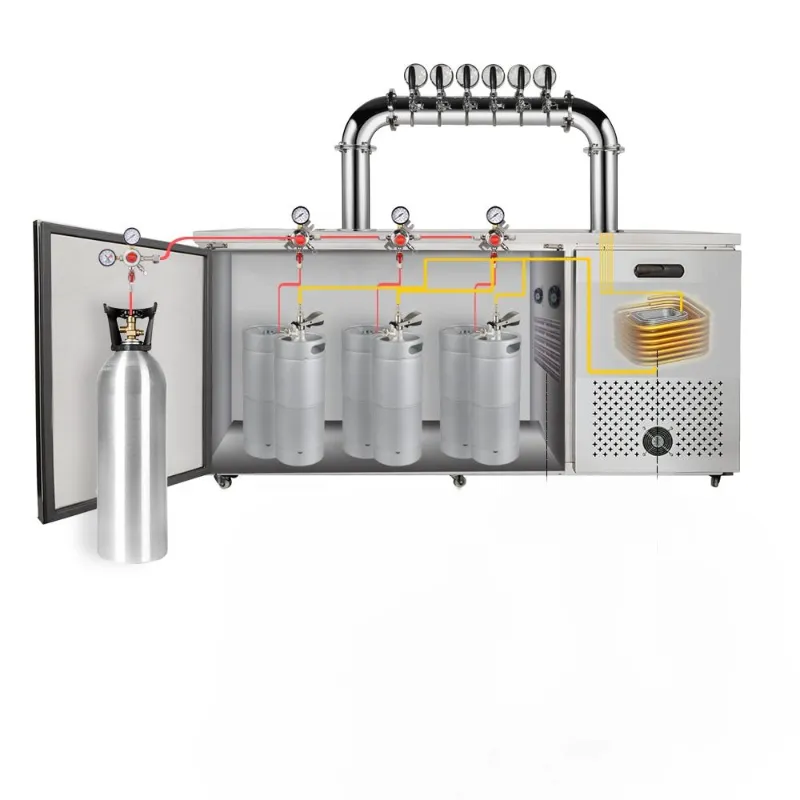 Interior of air cooling draft beer kegerator showing keg storage compartment