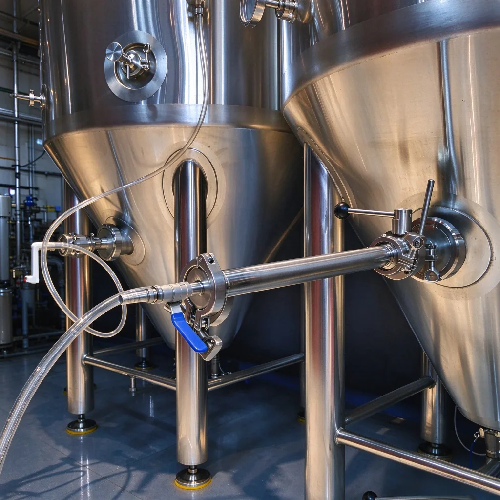 Carbonation stone with tri-clamp connection for fermentation tanks, designed for injecting CO2 into beer during carbonation.
