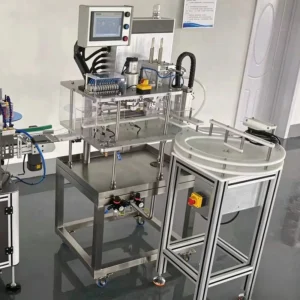 One head automatic beer canning machine set up in a craft brewery production area, with filling head and seamer ready for small-batch canning runs.